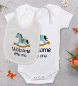 Resim Bitmeyen Kartuş Bk Kids Welcome Little One Tasarımlı Bebek Body Zıbın Ve Mama Önlüğü Hediye Seti - Model 1 