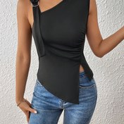 Resim Kadınların Şık Tek Omuzlu Üstü - Kolsuz, Siyah, Asimetrik Yaka, Polyester Karışımı, Zarif Kolsuz Üst|Sleek Fit Tasarımı|Polyester Karışımı Kumaş 