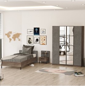 Resim L'occi Concept Lowell 3'lü Set Karyola-komodin- Gardırop Kahve-beton Lo14-cg 