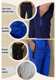 Resim Siyah Diz Altı Uzun Model Su İtici Özellikli Likralı Esnek Kumaş Erkek Plaj Deniz Kapri Şort - 941-siyah 001 