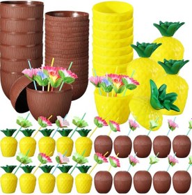 Resim Tropikal Parti Bardak Seti Ananas Ve Hindistan Cevizi Şekilli Pipetli Bardaklar 20 Adet Sarı 