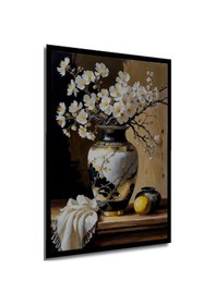 Resim Zarif Beyaz Çiçekli Vazo Ve Limon Yağlı Boya Görünümlü Ahşap Ev,antre,ofis Tablo Çerçeve Görünümlü--- 30 X 40 