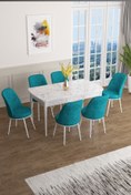 Resim Canisa Han Serisi 70x114 Açılabilir Mdf Mutfak Masası Takımı Beyaz Mermer Desen Masa 6 Turkuaz Sandalye 