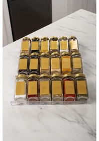 Resim 18'li Şeffaf Pleksi Standlı Cam Baharatlık Seti Gold Kapaklı Etiketli Baharatlık Takımı Mh02gld18 Gold - Şeffaf 