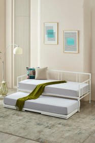 Resim Unimet Forte Yavrulu Daybed Tek-Çift Kişilik Sedir Metal Karyola Yatak Seti Beyaz 
