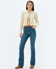 Resim İspanyol Paça Kot Pantolon Yıpratılmış Yüksek Bel Slim Fit - Flare Jeans 