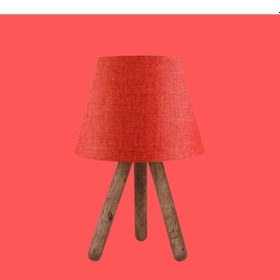 Resim Ahşap Üç Ayaklı Tripot Abajur Kırmızı Dokuma Başlık Yatak Odası Çocuk Odası Masa Lambası Kırmızı 