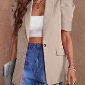 Resim Kadınların Şık Bej Fener Kollu Blazer - Kısa Kollu, Çift Sıralı Ceket ile Sahte Cebi, Bahar ve Yaz için Rahat Ama Şık Polyester Dış Giyim 