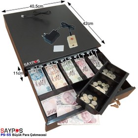 Resim Kolay Açma Butonlu 5 Geniş Banknot Gözlü Anahtardan Açılır Büyük Para Çekmecesi 40,5x42x11cm 