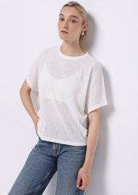 Resim Relax Fit Yuvarlak Yaka Düz Kadın Beyaz Yarasa Tişört 