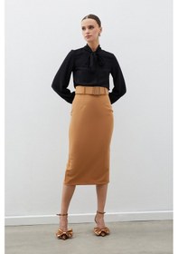 Resim Sateen Kemerli Kalem Etek - Camel-132464 Camel 