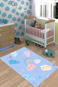 Resim Pelangi Gökkuşağı Yıldız Bulut Desenli Dijital Baskı Yıkanabilir Kaymaz Taban Leke Tutmaz Çocuk Odası Halısı, Mavi 40 x 40 