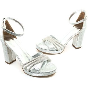 Resim Feles Çapraz Üç Şerit Taşlı 10 Cm Platform Topuklu Kadın Abiye Ayakkabı Gümüş-çupra 