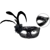 Resim Siyah Yandan Tüylü Güllü Taşlı Pullu Maske 