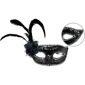 Resim Siyah Yandan Tüylü Güllü Taşlı Pullu Maske 