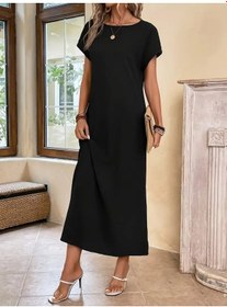 Resim Kadın Uzun Kollu Yakası Açık Viskon Elbise Siyah 