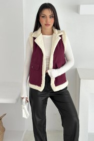 Resim Noa & Noa Kadın Peluş Kenarlı Cepli Yelek Kontrastlı & Kışlık Stil Bordo 