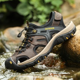 Resim Erkekler için Dış Mekan Ayakkabıları - Nefes Alabilen Kahverengi & Siyah Trekking Sandaletleri, Kaymaz Kauçuk Tabanlı, Yastıklı PU İç Tabanlık - Hafif Yürüyüş, Kampçılık, Spor Salonu Ayakkabısı Tüm Gün Konforlu - Şehir ve Açık Hava Maceraları için İdeal, Yürüyüş Botları, Kamp Ayakkabısı, Sportif Tarz, Dayanıklı Yapı, Çok Yönlü Ayakkabılar, Aktif Erkekler 