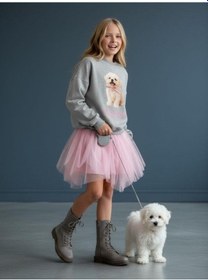 Resim Kız Çocuk Pamuklu Köpek Baskılı Oversize Tasarım Sweatshirt-16472 Vizon 