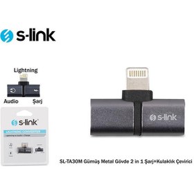 Resim S-link SL-TA30M Lightning Gümüş Metal Gövde 2 in 1 Şarj+Kulaklık Çevirici 