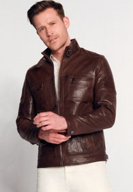 Resim Wade Erkek Kahverengi Slim-Fit Deri Ceket - Kahverengi / 