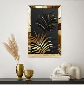 Resim Gold Aynalı Pleksi Çerçeveli Siyah Arka Planlı Altın Renkli Yapraklar Tablo 