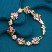 Resim 1 adet Şık Vintage Tarzı Renkli Kübik Sentetik Zirkon​ Gençlik Bilekliği, 18K Altın Kaplama Bakır, Günlük Giyim ve Hediye İçin Uygun, Tüm Mevsimler, Günlük Giyim Takı | Çiçek Desenli Takı | Parlatılmış Yüzey, Gençler İçin 