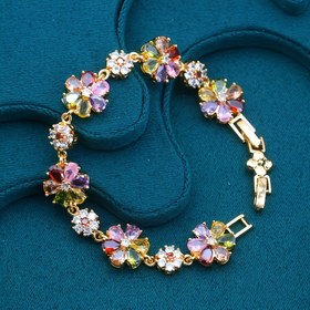 Resim 1 adet Şık Vintage Tarzı Renkli Kübik Sentetik Zirkon​ Gençlik Bilekliği, 18K Altın Kaplama Bakır, Günlük Giyim ve Hediye İçin Uygun, Tüm Mevsimler, Günlük Giyim Takı | Çiçek Desenli Takı | Parlatılmış Yüzey, Gençler İçin 