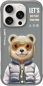 Resim Nimmy iPhone 16 Pro Max Uyumlu 3D Gözlük Fermuar Ayıcık Detaylı Nakış İşlemeli Kabartmalı Cool Cute Kılıf 
