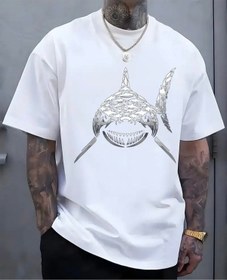 Resim Panda Baskı Tekstil Köpekbalığı Baskılı Özel Tasarım Oversize Tshirt Beyaz 