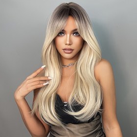 Resim Blonde Peruklar Kadınlar Için Yanlışlıklarla Uzun Ombre Kahverengi Peruk - Orta Bölüm Sentetik Peruk Isıya Dayanıklı Fiber Günlük Parti Kullanımı Için 
