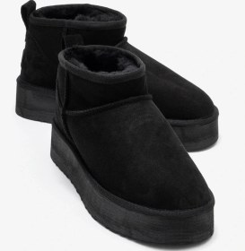 Resim Veyra Siyah Süet Hakiki Deri Kürklü Platform Tabanlı Kadın Mini Bot Siyah Süet 