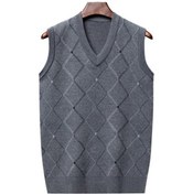 Resim Açık Gri Erkekler Örme Yelek Sonbahar Kış V Boyun Geometrik Eşkenar Dörtgen Düz Renk Sıcak Rüzgar Geçirmez Yumuşak Rahat Erkek Yelek Kolsuz Üst 