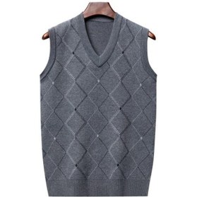 Resim Açık Gri Erkekler Örme Yelek Sonbahar Kış V Boyun Geometrik Eşkenar Dörtgen Düz Renk Sıcak Rüzgar Geçirmez Yumuşak Rahat Erkek Yelek Kolsuz Üst 