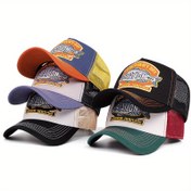 Resim Yeni Renk Bloklu Kartal Ayı Balık Pul Nakışlı Beyzbol Şapkası Unisex Mesh Outdoor Vintage Kamyoncu Şapka Toptan 