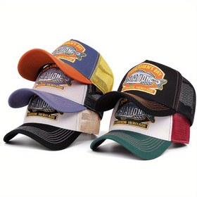 Resim Yeni Renk Bloklu Kartal Ayı Balık Pul Nakışlı Beyzbol Şapkası Unisex Mesh Outdoor Vintage Kamyoncu Şapka Toptan 