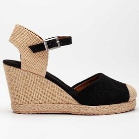Resim Gerçek Elişi Keten Hasır Espadril Siyah Burnu Hasırlı Arkası Açık Dolgu Topuk Handmade Siyah 