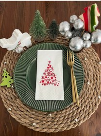 Resim Kırmızı Yaldızlı Beyaz Çam Ağacı Peçete 16 Lı 