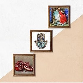 Resim Pinecone Kaplumbağa Terbiyecisi, Nar, Fatma Ana Eli (Hamsa) Taş Duvar Tablosu - Ahşap Çerçeveli Taş Tablo - 25x25 cm - 3 Parça Set - Dekoratif Duvar Sanatı - Modern Ev ve Ofis Duvar Dekoru W3-709 