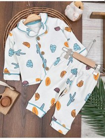 Resim Kruvaze Yaka %100 Pamuk Önden Düğmeli Mevsimlik Ünisex Bebek Ve Çocuk Pijama Takımı 4bb2 Beyaz 