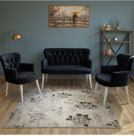 Resim Azra Mobilya Siyah Babyface Kumaş Çay Seti Koltuk Takımı 2 Berjer + 1 İkili, Modern, Beyaz Ayak Siyah 