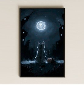 Resim Dolunay Altında Şehirde Yalnız Kedi Dijital Sanat Pleksi Tablo 