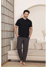 Resim Guava Erkek Modal 3 Düğmeli Ekose Desen Pamuk Likra Kısa Kol Cepli Pijama Takımı Turuncu 