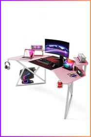 Resim Karr Gaming Vortex 25mm Kanatlı Oyuncu Masası | Pembe Karbon Fiber Kaplama | Raflı Oyuncu Masası 