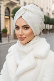 Resim Aişe tesettür Beyaz Triko Kışlık Burgu Bone Ve Etol Takım 
