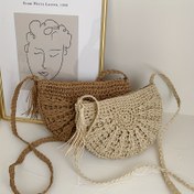 Resim El Yapımı Boho Chic Yarım Ay Çapraz Çanta, Püskül Detaylı - Hasır Örgülü Plaj Tatili Omuz Çantası, Fermuar Kapanışı, Polyester Astarlı, Bahar ve Yaz Gezileri İçin Mükemmel 