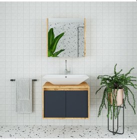 Resim Banos Roomart Lavabolu Ahşap-Antrasit Mdf 65 Cm Banyo Dolabı+Ayna Antrasit 