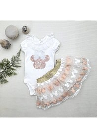 Resim Pekminibebe 1-2-3 Yaş Payetli Mickey Nakışlı Kısa Kollu Brode Etekli 2li Kız Bebek Takımı Pudra 
