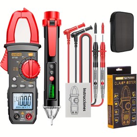 Resim Gelişmiş Kelepçe Tipi Multimetre Ampermetre Kiti, Ses ve Işık Ekranlı Indüksiyon Ölçüm Kalemi Dahil, ST181 4000 Sayım, Buzzer ile, Akım, Gerilim, Kapasitans, Direnç, NVC Tespiti, Diyot Süreklilik Görev Döngüsü Ölçümü 