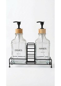Resim Makri Home Stantlı Bambu Kapaklı İkili Cam Sıvı Sabunluk & Deterjanlık Seti 2 500 Ml, 22,5 8,5 24 Cm Şeffaf 